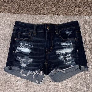 AEO Dark Blue Distressed 360 Super Stretch Hi-Rise Shortie, Size 2